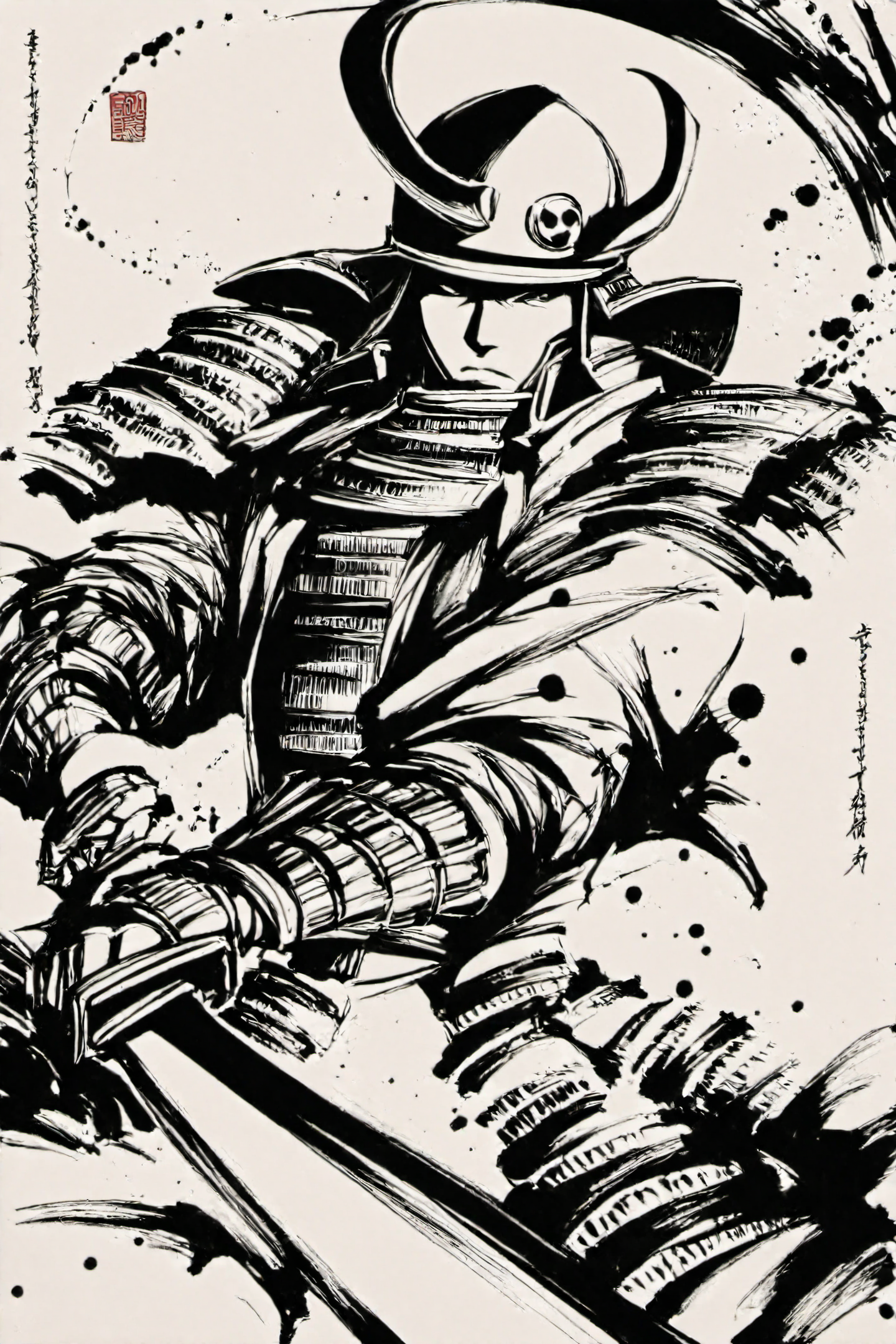 36997-2961302351-armor,helmet,samurai,weapon,japanese armor,solo,1boy,monochrome,sword,male focus,shoulder armor,full armor,holding,kabuto _(helm.png